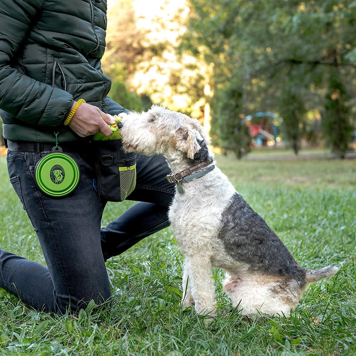 4-in-1 Dog Treat Pouch for Training & Walking with Clicker, Travel Bowl & Poop Bag Dispenser