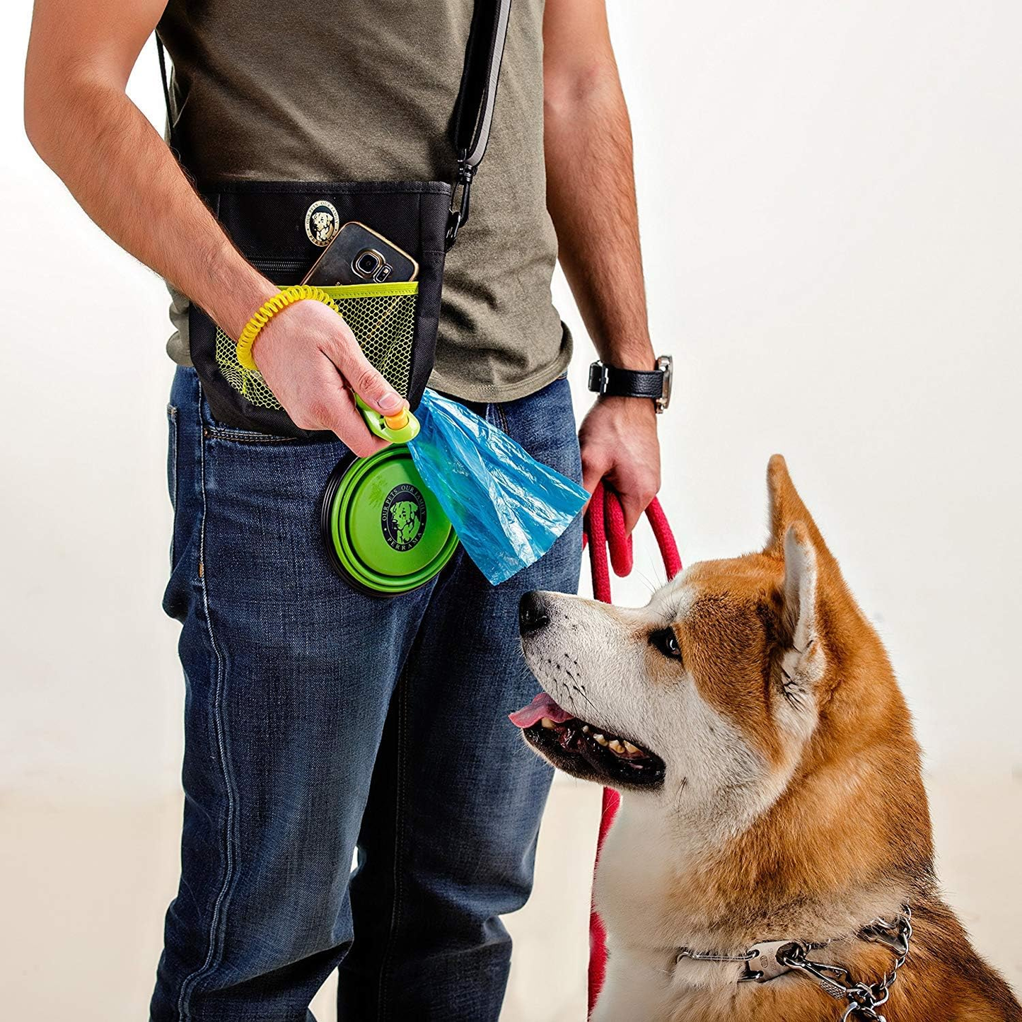 4-in-1 Dog Treat Pouch for Training & Walking with Clicker, Travel Bowl & Poop Bag Dispenser