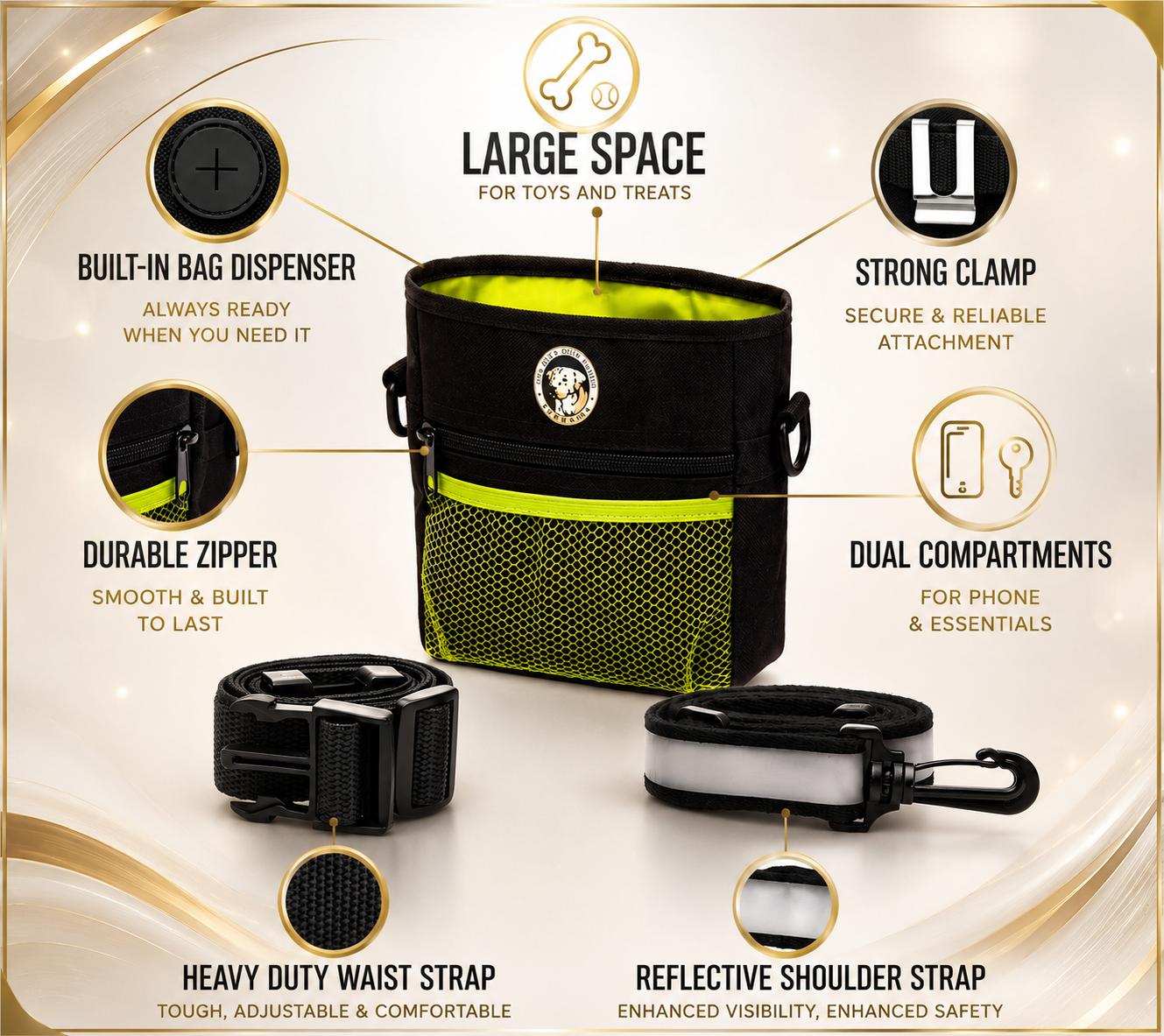 4-in-1 Dog Treat Pouch for Training & Walking with Clicker, Travel Bowl & Poop Bag Dispenser