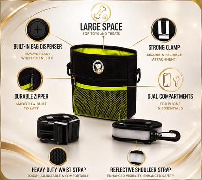 4-in-1 Dog Treat Pouch for Training & Walking with Clicker, Travel Bowl & Poop Bag Dispenser