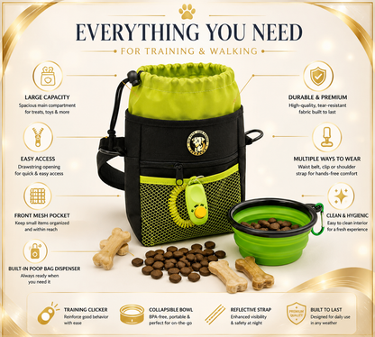 4-in-1 Dog Treat Pouch for Training & Walking with Clicker, Travel Bowl & Poop Bag Dispenser