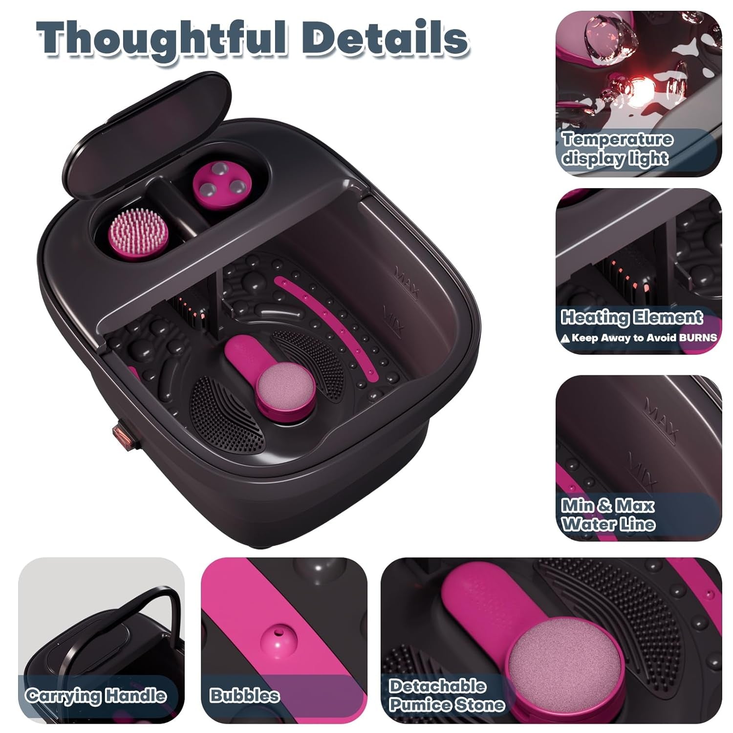 Collapsible Foot Bath, Foot Spa Bath Massager with Heat, Bubble, Remote Control, Temperature Control, 3 Pedicure Attachments, Feet Soaking Tub for Stress Relief